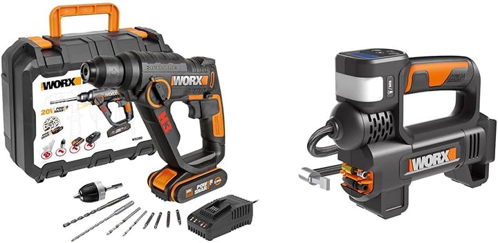 WORX WX390 Bohrhammer SDS-plus & WX092.9 Akku-Kompressor - 4 in 1: multifunktionale Luftpumpe 1,2 Jo