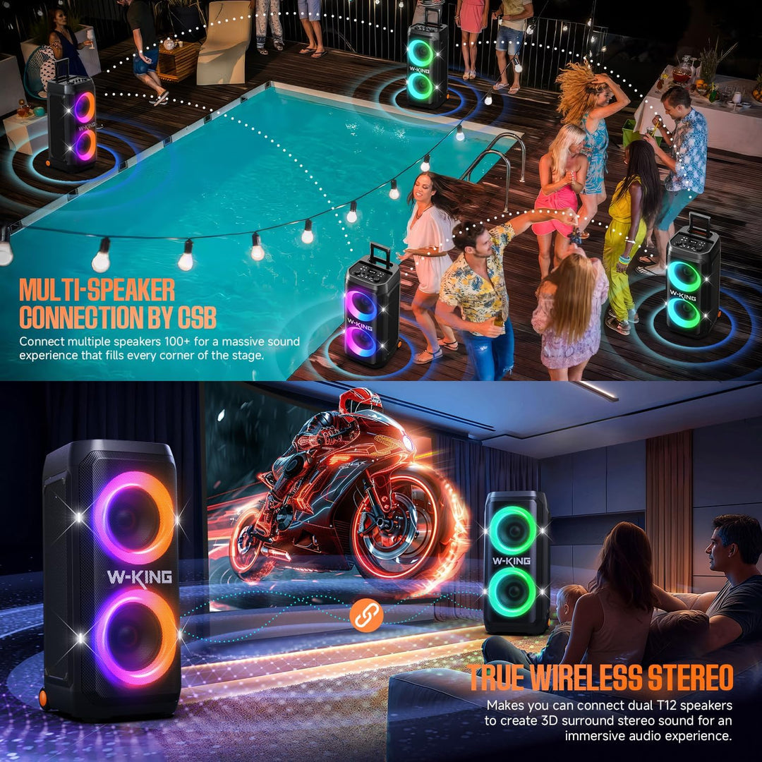 W-KING Tragbare Bluetooth-Lautsprecher-Box mit 370W MAX Pro Sound, Lichtshow, CSB, Bass Boost, Rolle