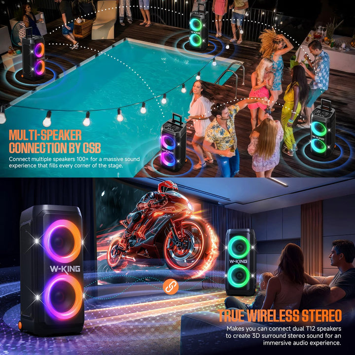 W-KING Tragbare Bluetooth-Lautsprecher-Box mit 370W MAX Pro Sound, Lichtshow, CSB, Bass Boost, Rolle