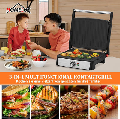 HOMELUX Kontaktgrill, Sandwichmaker und Panini Grill 2200W, Sandwich Maker für Fettfreies Grillen, T