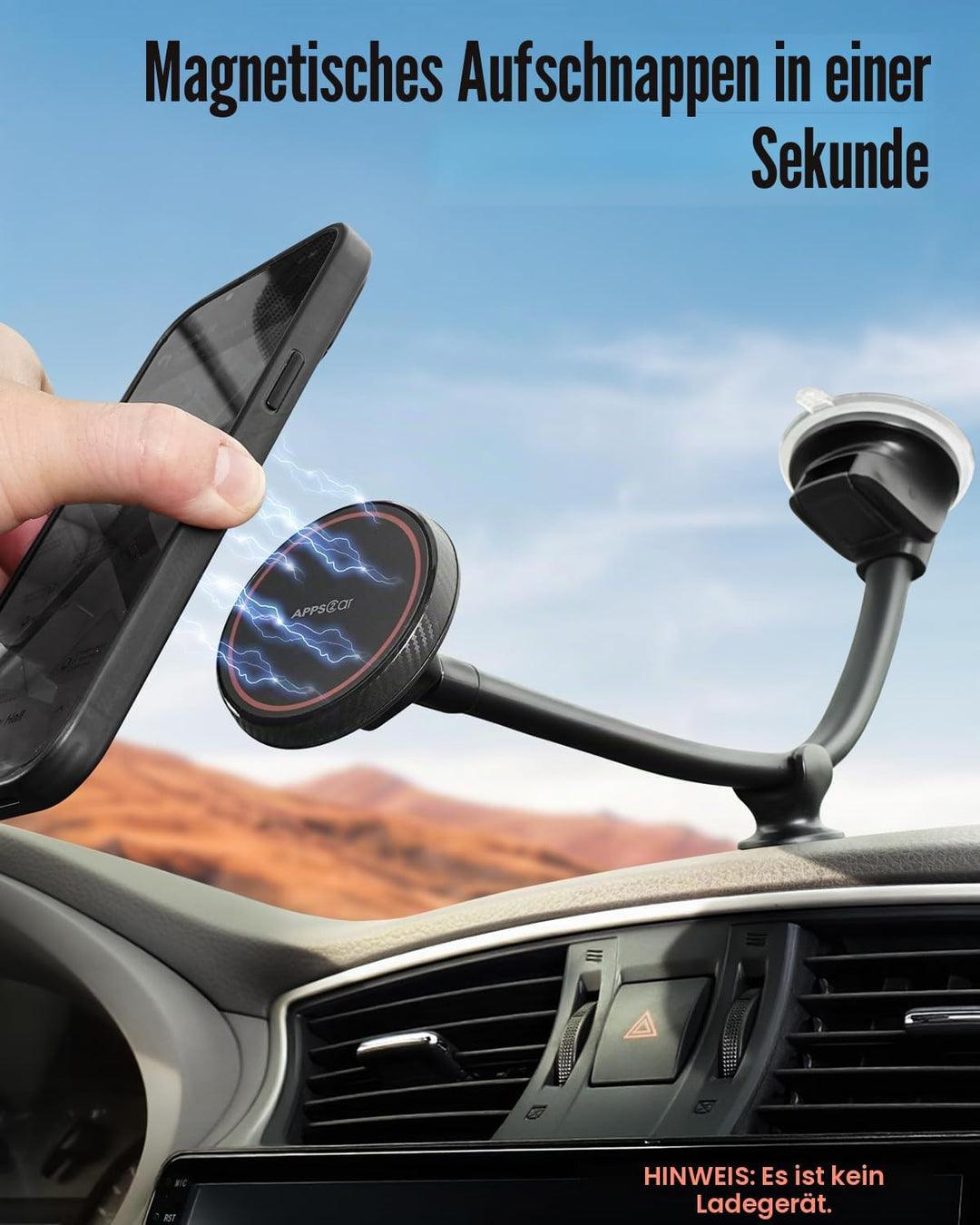 APPS2Car Magnetische Kfz-Handyhalterung für MagSafe – langer Arm 33 cm mit starkem Saugnapf für Wind