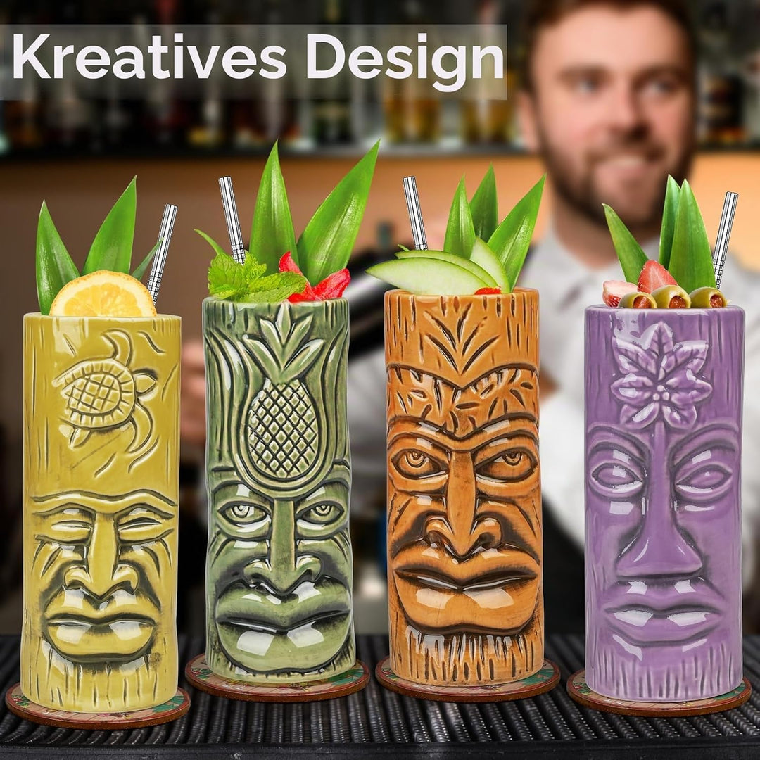 Tiki-Tassen-Set, Hawaii-Party-Becher aus Keramik mit Untersetzer, für Cocktails, hochwertiges Tassen