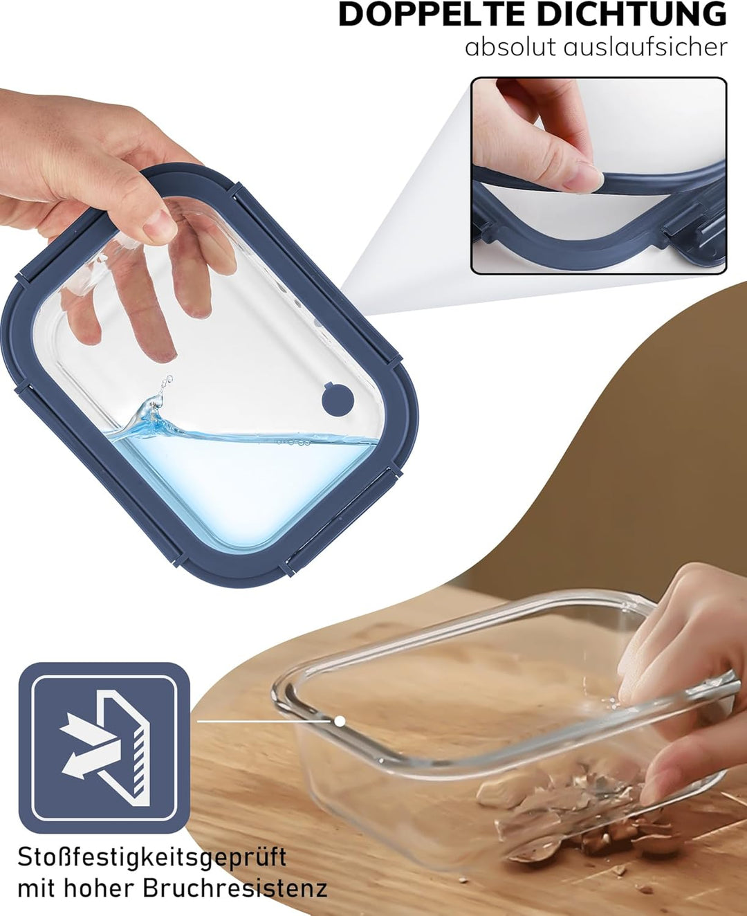 5er-Pack Borosilikatglasbehälter mit gehärtetemDeckel, 1040 ml/ 4,4 Tassen, luftdichtes Mahlzeiten-V