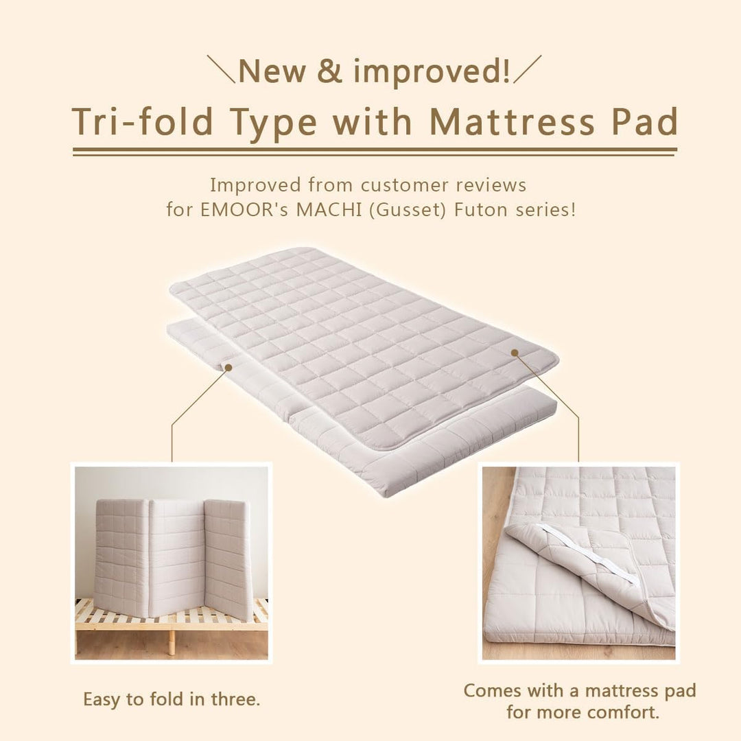 EMOOR Japanische Dreifach Gefaltete Futon-Matratze Machi mit Matratzenauflage 100 x 202 cm Grau, Zwi
