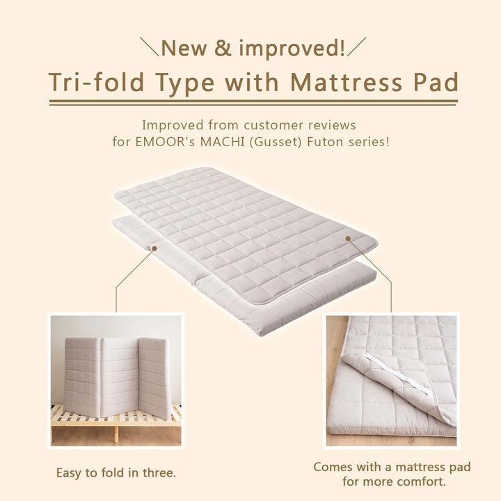 EMOOR Japanische Dreifach Gefaltete Futon-Matratze Machi mit Matratzenauflage 160 x 202 cm Grau, Zwi