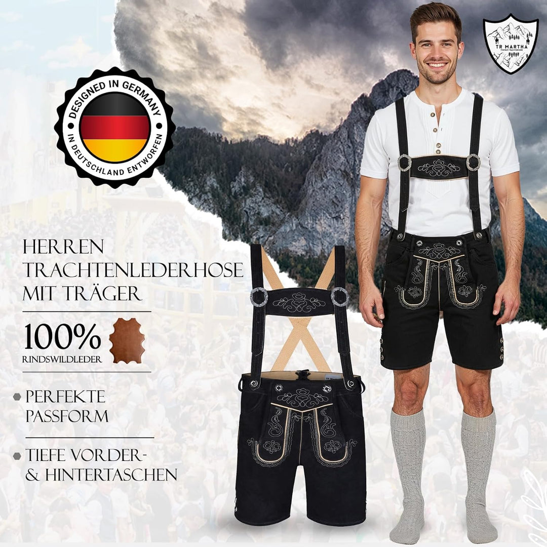 Premium Lederhose für Herren - Elegante Trachtenhose Gr.46-60 - Kurze Trachten Lederhose mit Träger
