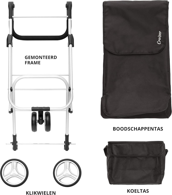 Cruiser Einkaufswagen 59 Liter mit 14 ltr Kuhltasche - 3 räder Einkaufstrolley (schwar) Schwarz, Sch