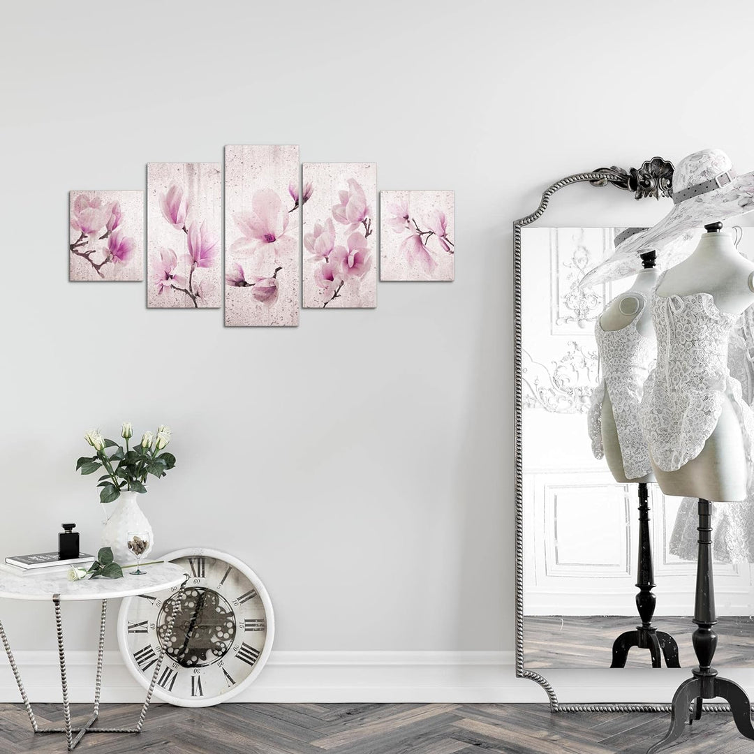 Runa Art Wandbilder Blumen Magnolien 5 Teilig Bild auf Vlies Leinwand Deko Wohnzimmer Abstrakt Grau
