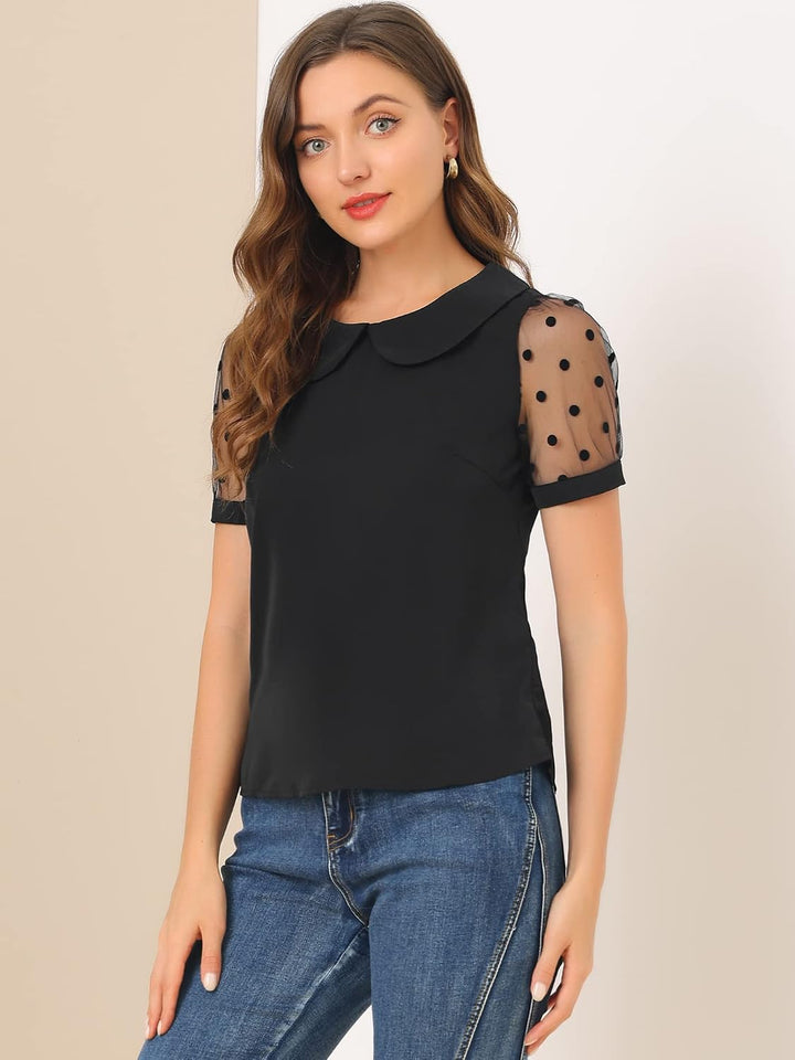 Allegra K Damen Puffärmel Vintage Bubikragen Oberteil Mesh Polka Punkte Top Bluse, S Schwarz