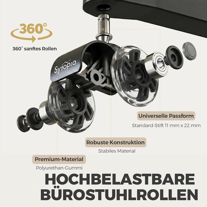 Sytopia Bürostuhl Rollen 70mm 5er Set, 11x22mm Rollen für Bürostühle, Hartboden, Parkett, Bodenschut