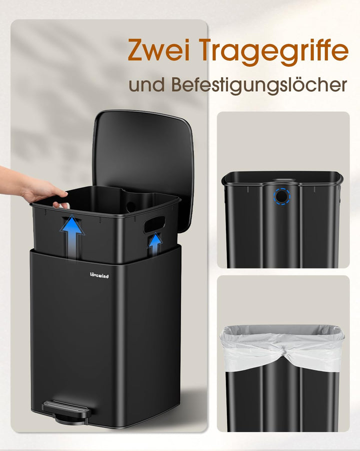lovewind Küchenabfalleimer, 20L Schwarzer Mülleimer aus Edelstahl mit Pedal, mit Deckel und Inneneim