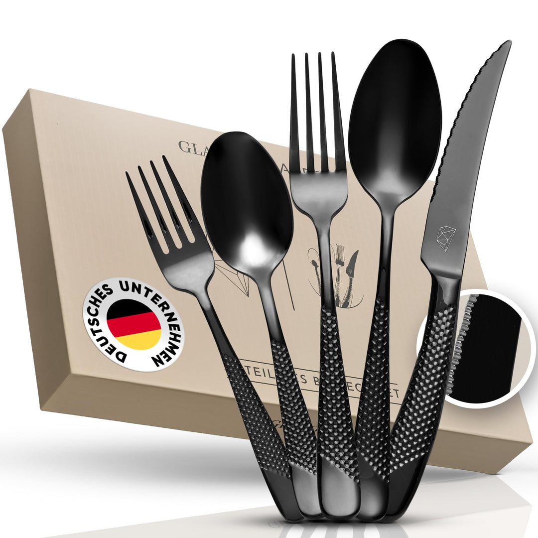 Glavory Aurora - Besteck Set Schwarz gestanzt - Besteck für 6 Personen 30teilig - rostfreier 18/8 Ed