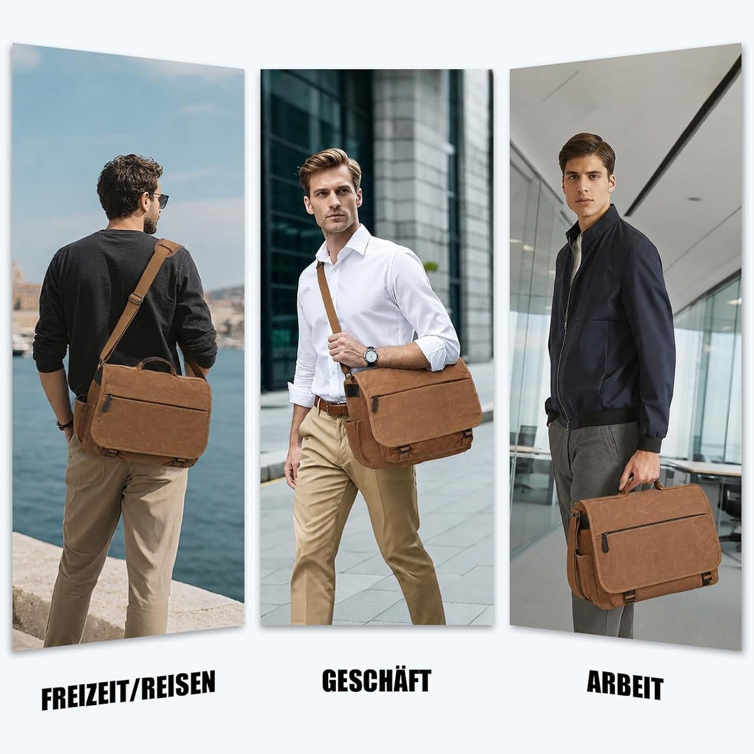 Eshow Umhängetasche Herren Wasserabweisend, Laptoptasche 15,6 Zoll aus Echtleder und Canvas, Messeng