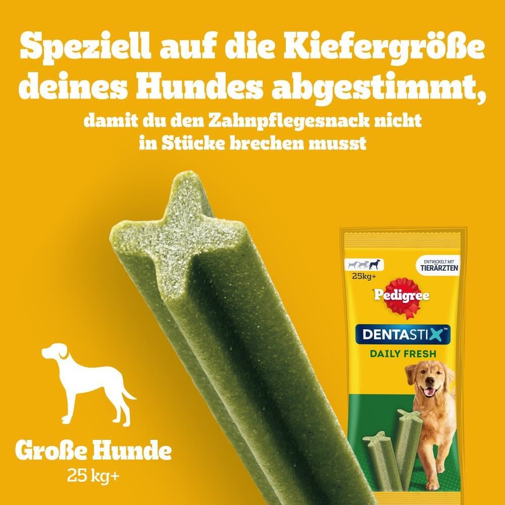 Pedigree DentaStix Daily Fresh Zahnpflegesnack für grosse Hunde (+25kg), 112 Sticks, 4er Pack, 4x28