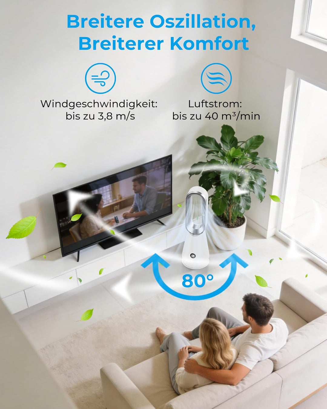 Rotorloser Ventilator leise - 56 cm Turmventilator mit Fernbedienung, 8 Geschwindigkeiten, 9-Stunden
