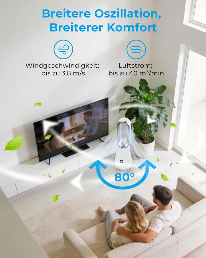 Rotorloser Ventilator leise - 56 cm Turmventilator mit Fernbedienung, 8 Geschwindigkeiten, 9-Stunden