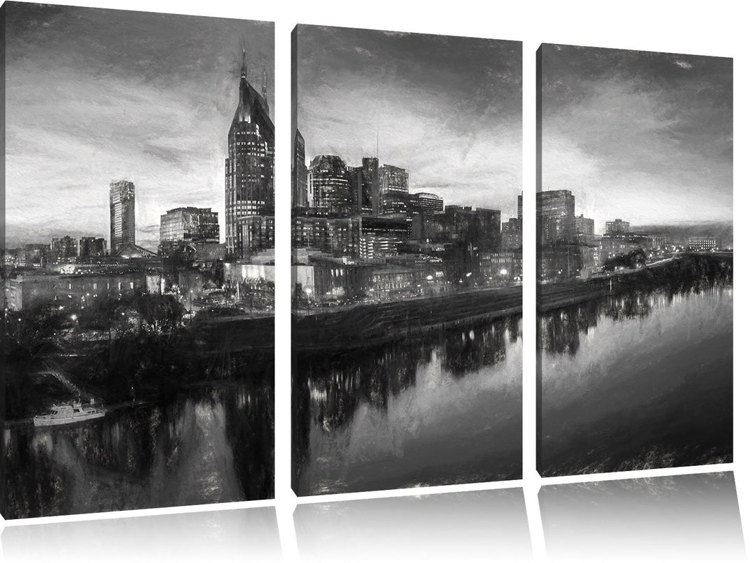 Pixxprint Nashville Skyline Panorama Kunst Kohle Effekt 3-Teiler Leinwandbild 120x80 Bild auf Leinwa