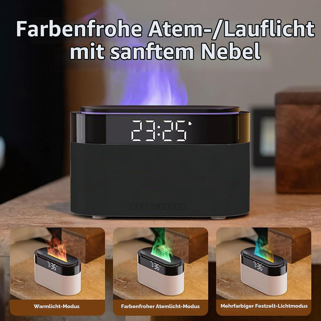 Flammen Aroma Diffuser mit Lichtwecker,Diffuser Ätherische Öle mit Fernbedienung,Wecker mit Licht,Lu