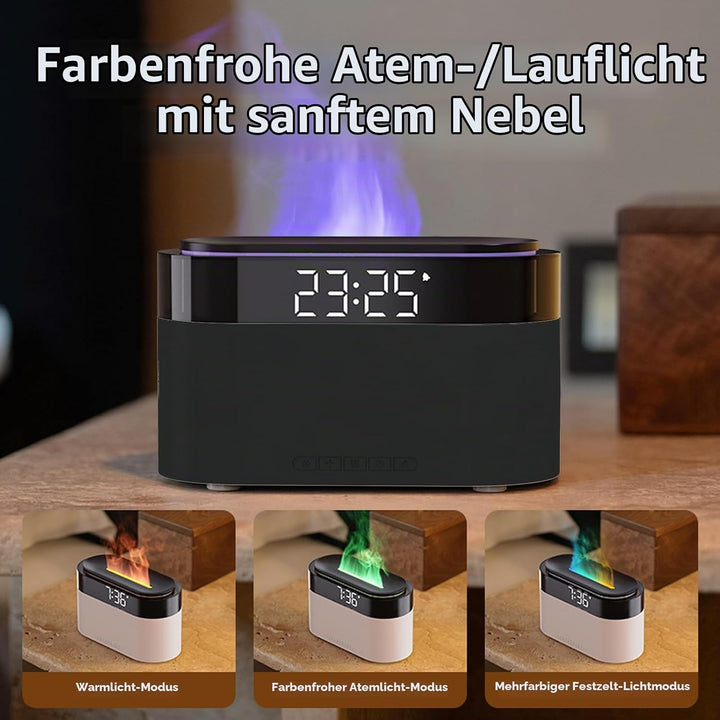 Flammen Aroma Diffuser mit Lichtwecker,Diffuser Ätherische Öle mit Fernbedienung,Wecker mit Licht,Lu
