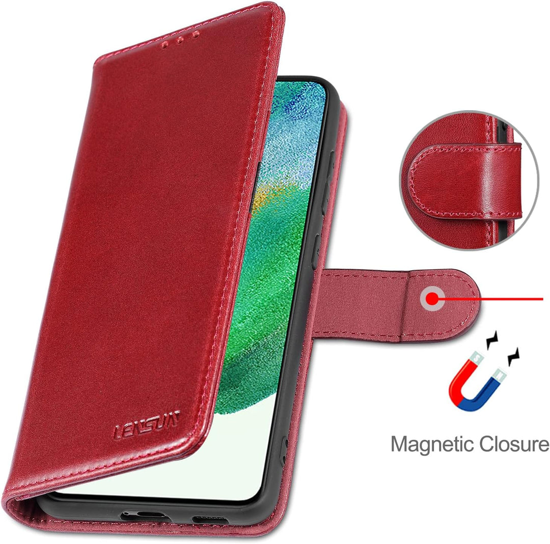 LENSUN Echtleder Hülle für Samsung Galaxy S21 FE, Handyhülle [Premium Echtes Leder] [Kartenfach] [RF