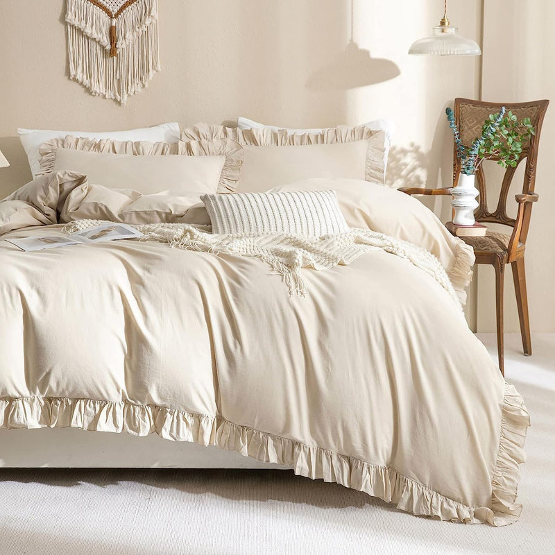 AShanlan Bettwäsche Rüschen 135x200 Beige Uni Einfarbig Romantisch Rüschenbettwäsche Set 2 Teilig Mi