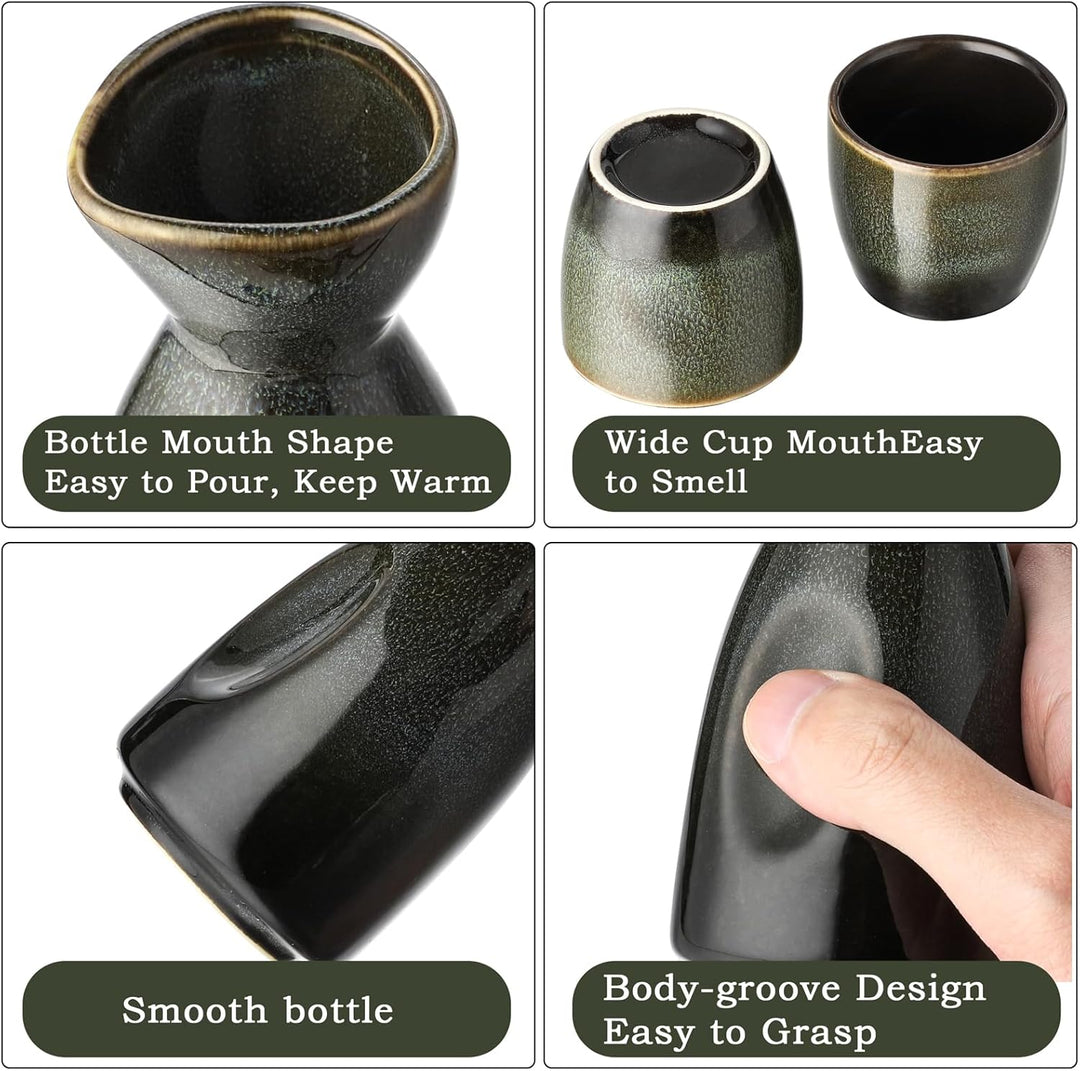 Keramik Sake Satz für Wärmeren Liquor Sake Set 1 Sake-topf mit 4 Sake Becher (Grün Schwarz), Grün Sc