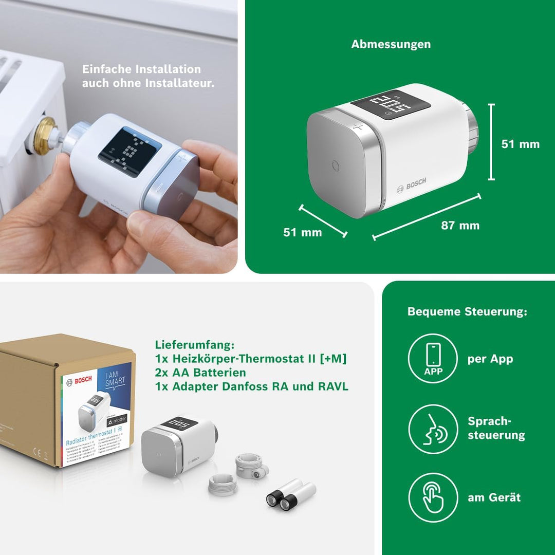 Bosch Smart Home Heizkörperthermostat II [+M], smartes Thermostat, Flexible Nutzung im Bosch Smart H