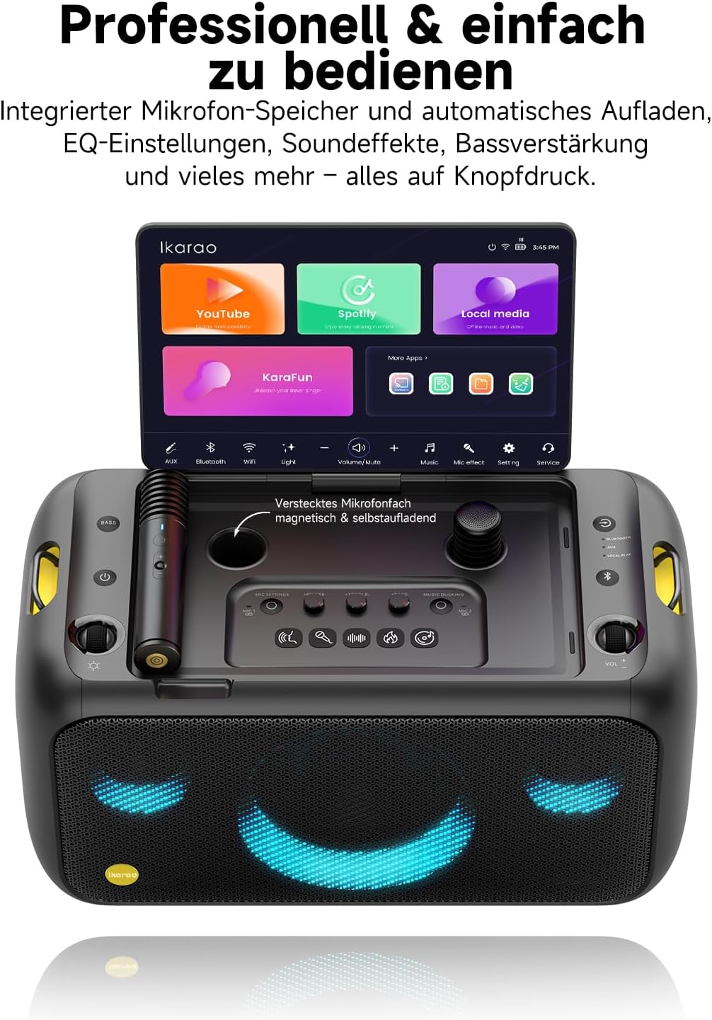 Ikarao Break X1 Karaoke Maschine mit Textanzeige 13.3 Zoll Bildschirm 2 kabellose Mikrofone versteck