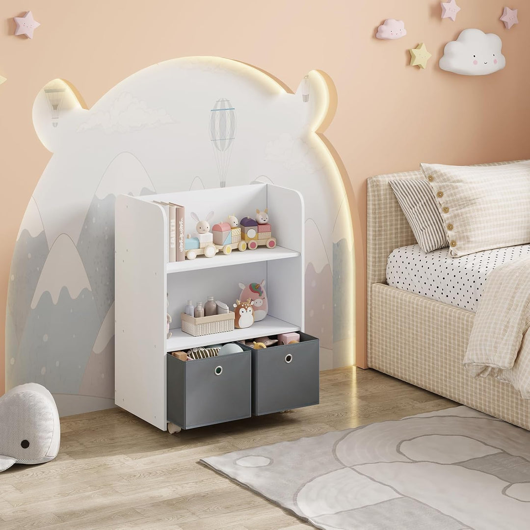 WOLTU Kinderregal beweglich, 2 in 1 Bücherregal Spielzeugregal, Kinder Regal mit Boxen, zweiseitiger