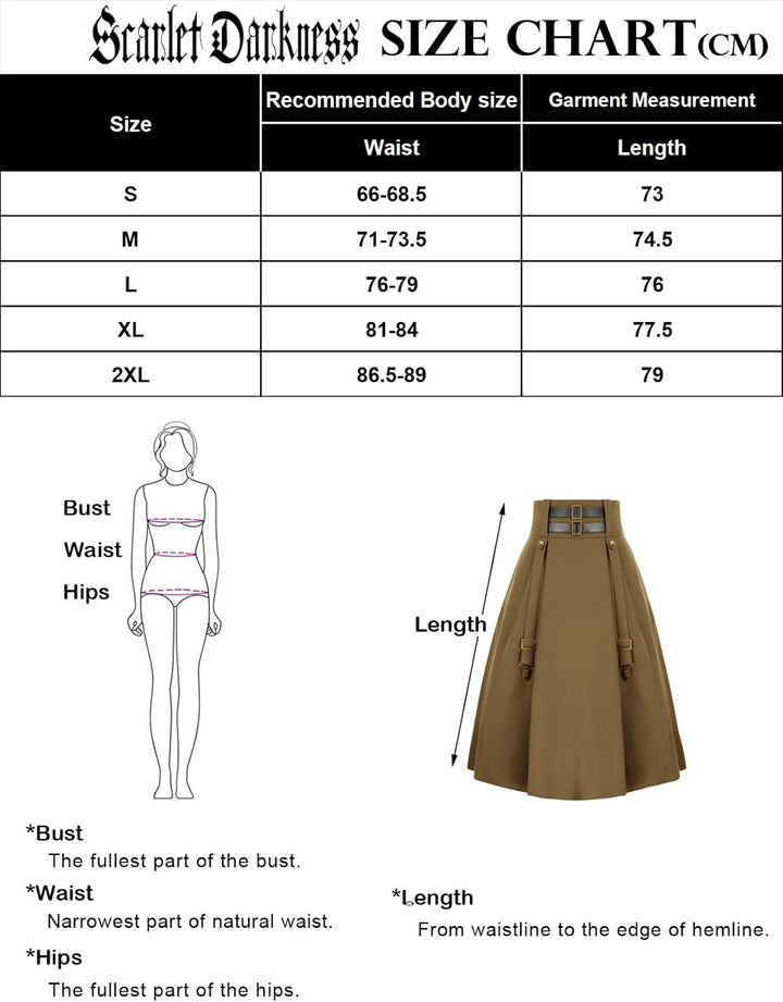 SCARLET DARKNESS Damen Mittelalter Rock Steampunk Knielang mit Schnalle und Riemen Gothic Rock Pirat