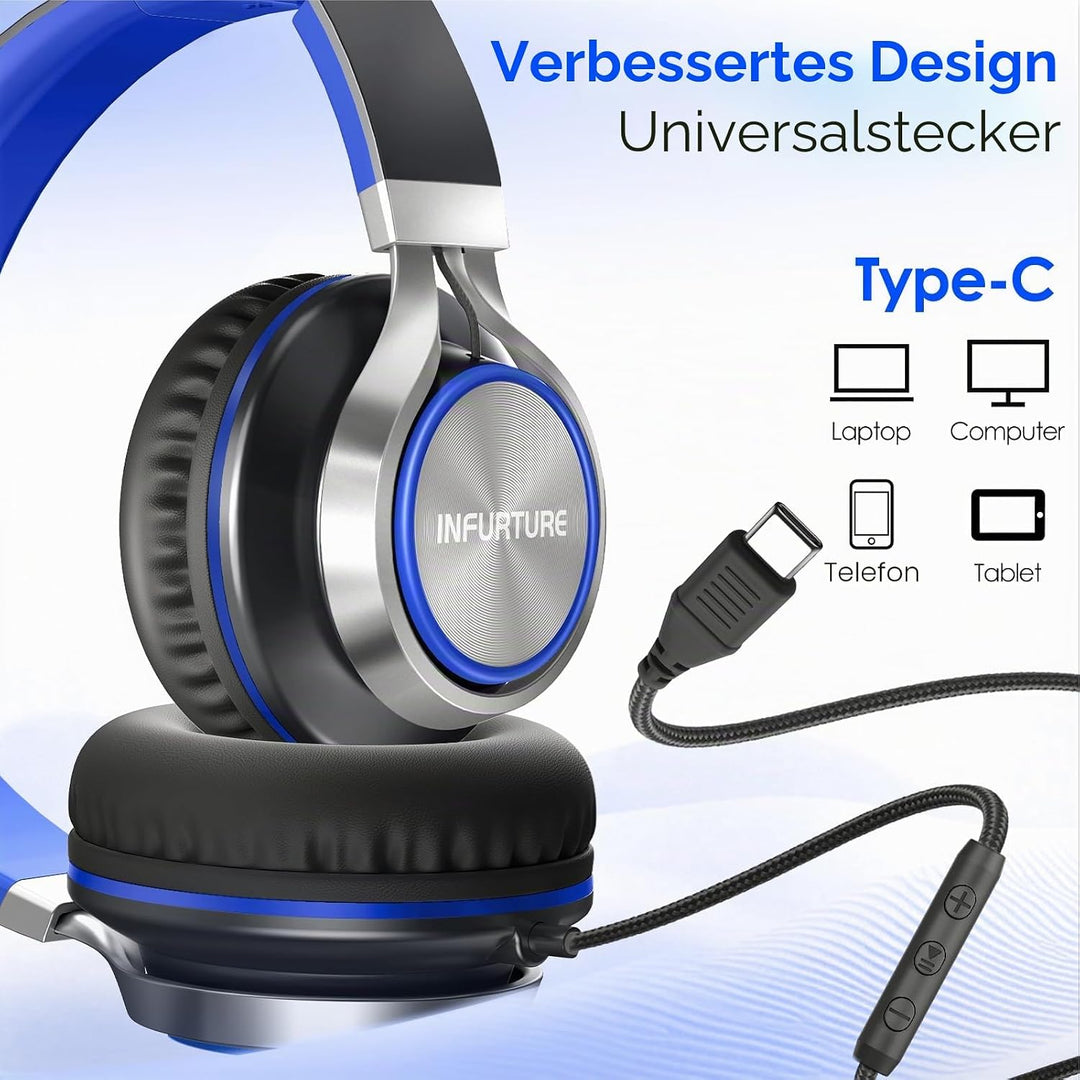 INFURTURE USB-C-Kopfhörer mit Mikrofon und Lautstärkeregler, Nur 191g Over Ear kopfhörer, Leicht Kop