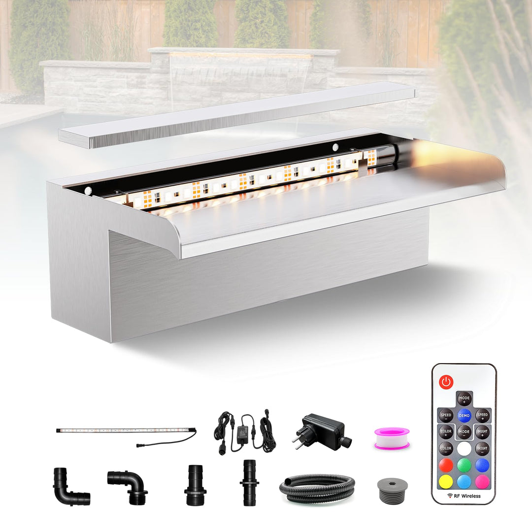 Longrun 30cm Teich Wasserfall Klingen Set, 304 Edelstahl Wasserfall mit 7 Farben LED und Fernbedienu