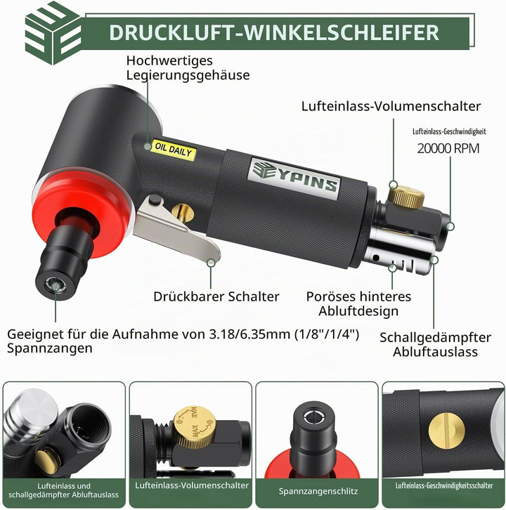 EYPINS Druckluft Winkelschleifer Set 90° Druckluftschleifer+1/4"&amp;1/8" Spannzange, Mini Stabschleifer