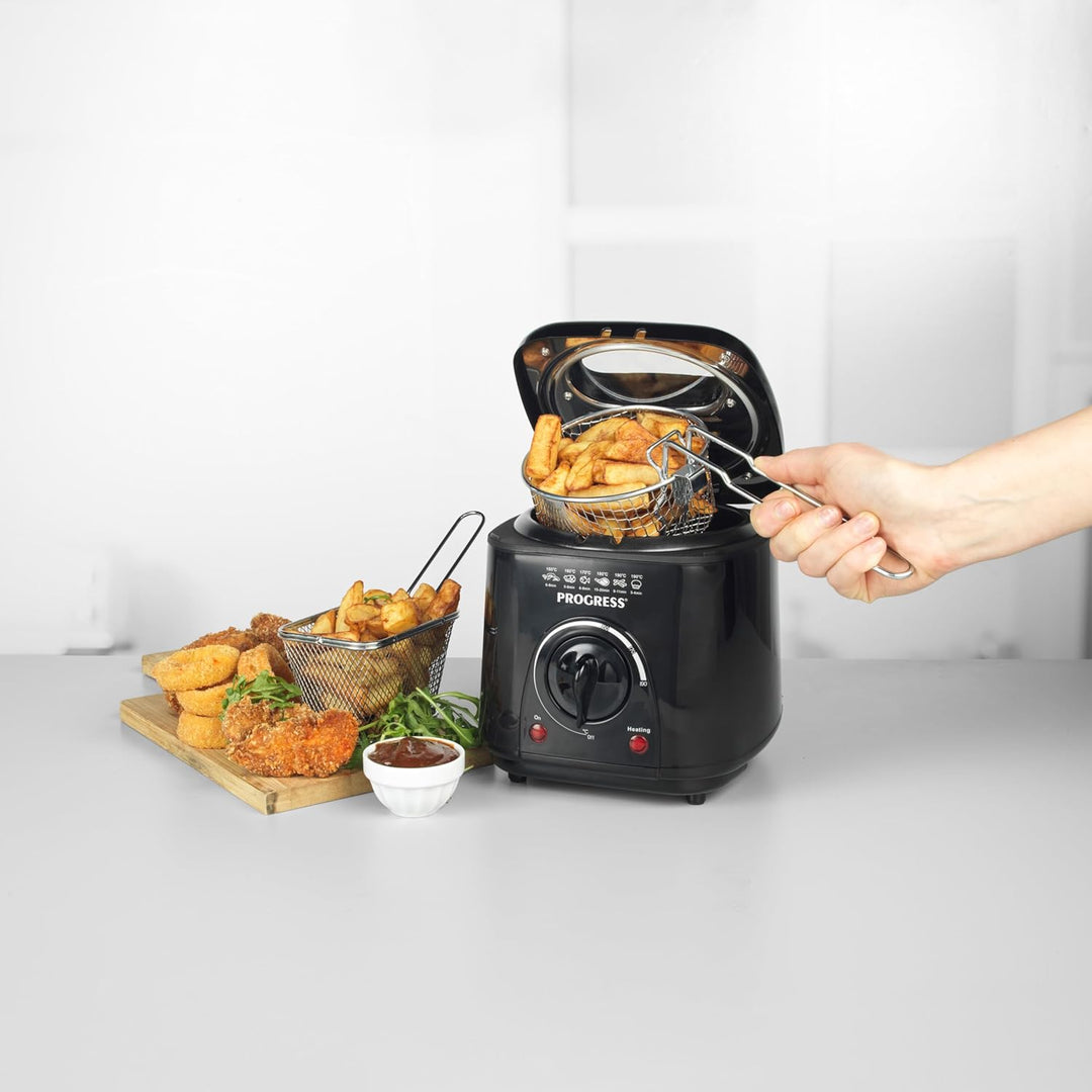 Progress EK2969PBLKVDE Kompakte 1L Mini-Fritteuse - Herausnehmbarer antihaftbeschichteter Frittierko