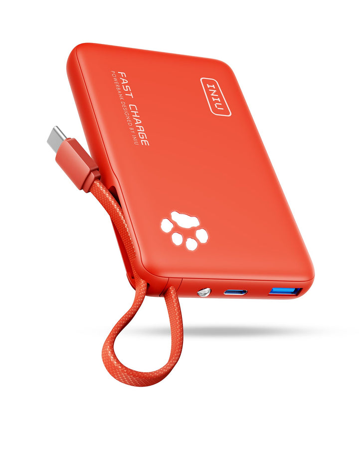 INIU Power Bank, Minigrösse 20W 10000mAh PowerBank mit Integriertem USB-C Kabel, PD3.0 QC4.0 USB C I