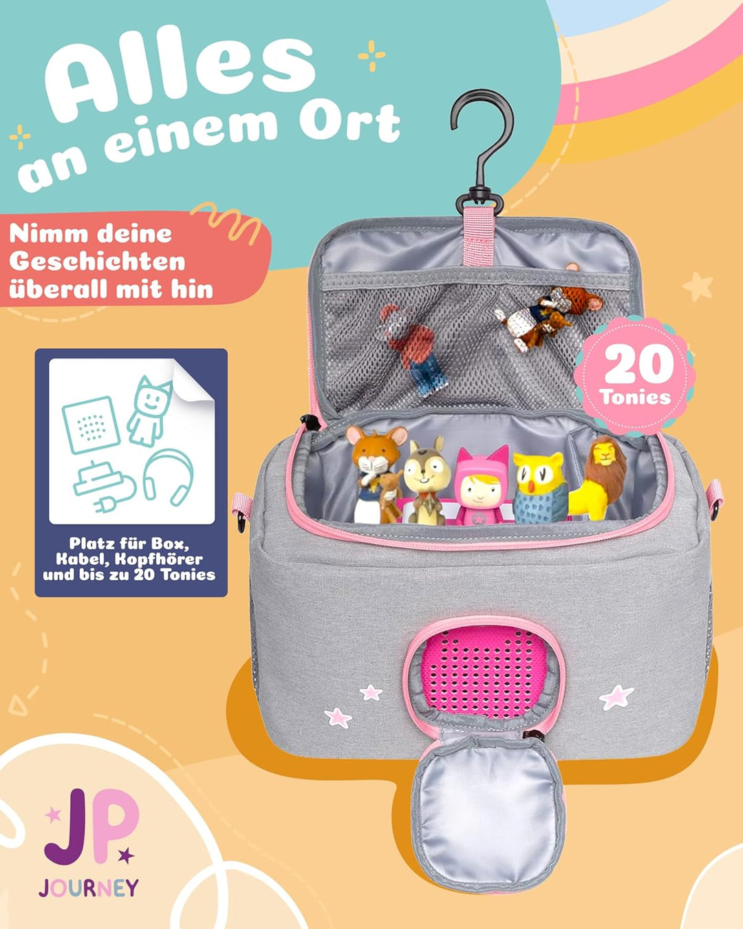 JP Journey Tasche für Toniebox Mädchen - für Figuren und Box im Auto und für die Reise (Grau-Rosa Re