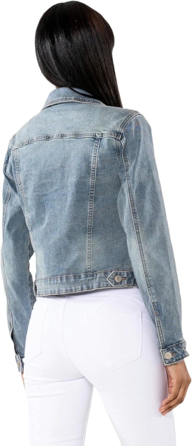 Nina Carter S338 Damen Jeansjacke Übergangsjacke Leichte Waschungseffekt Jacke Blau Denim Casual S V