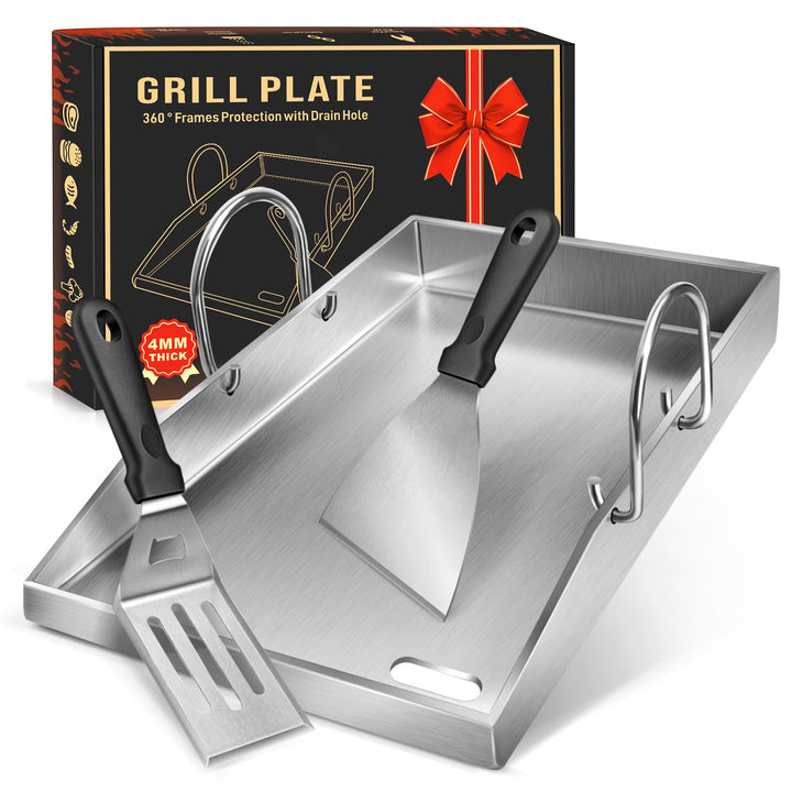 Grillplatte Plancha, 4 mm starker Edelstahlgrill für Gas- und Holzkohlegrills 40 x 30 x 4 cm, mit ab