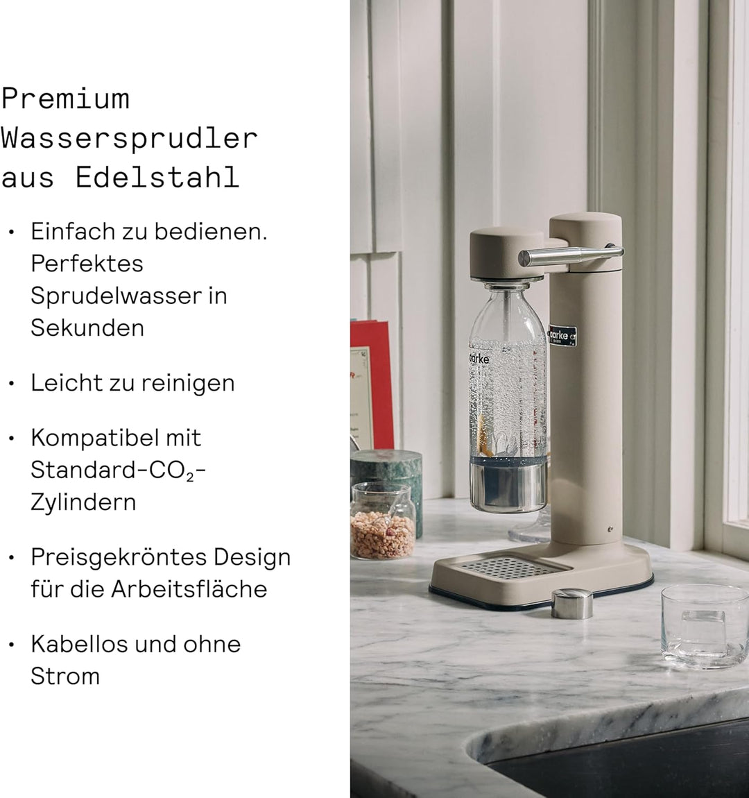 Aarke Carbonator 3, Premium Wassersprudler aus Edelstahl mit Aarke Flasche, Sand Finish, Sand
