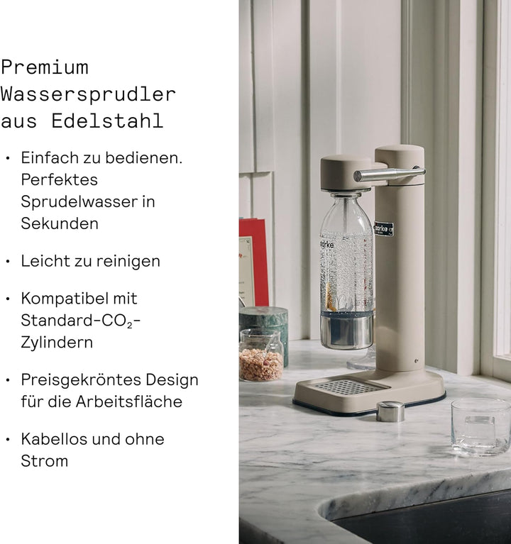 Aarke Carbonator 3, Premium Wassersprudler aus Edelstahl mit Aarke Flasche, Sand Finish, Sand