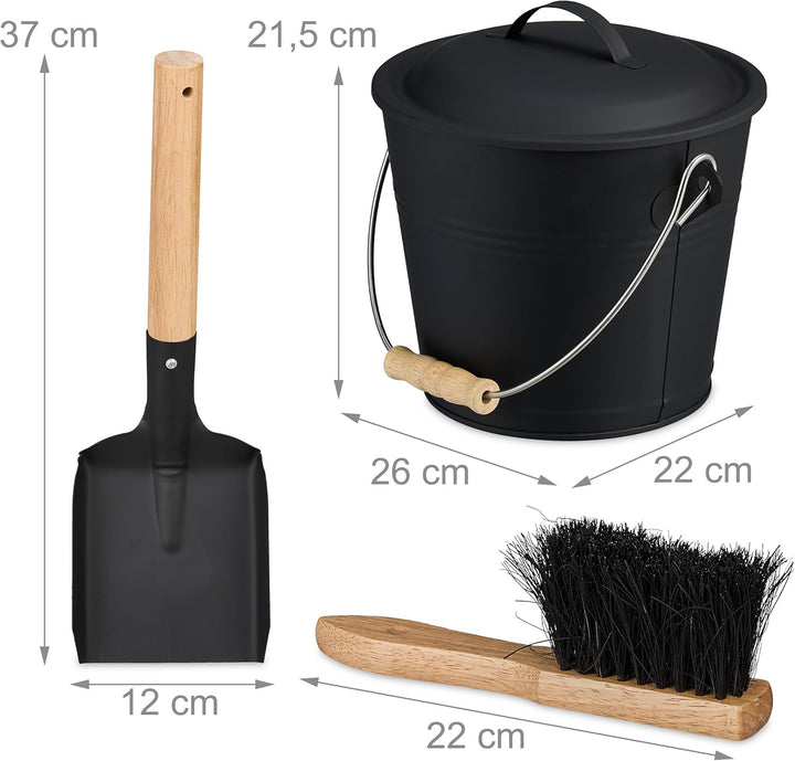 Relaxdays Ascheeimer mit Deckel und Kehrset, 4,5 L, inkl. Aschebesen & Kaminschaufel, Aschebehälter