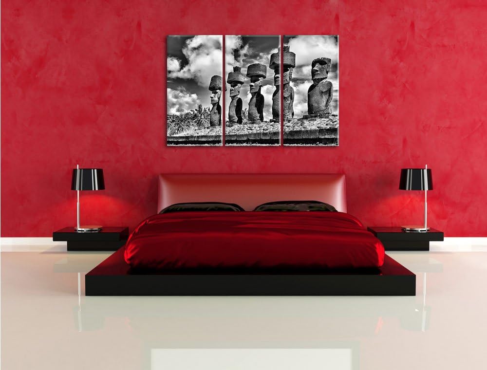 Pixxprint Monocrome, Moai Statuen auf den Osterinseln am Tag 3-Teiler Leinwandbild 120x80 Bild auf L
