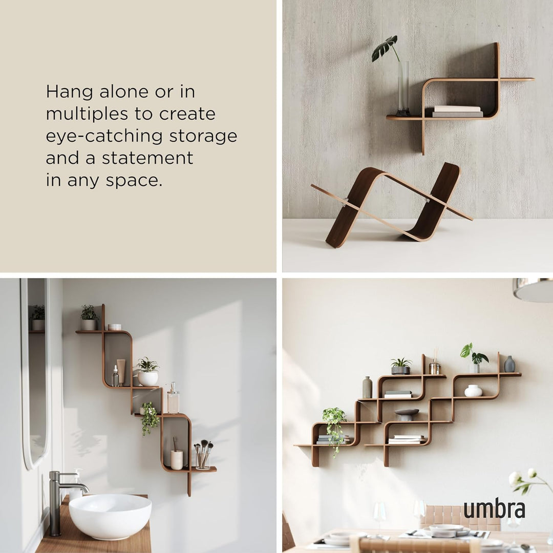 Umbra Montage Wandregal, Schweberegal aus Bugholz, Kautschukholz, Walnuss Antik, 62x15x47 cm Helle W
