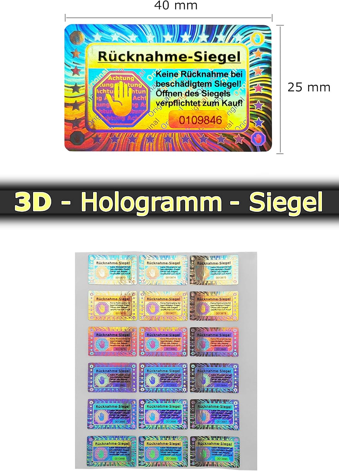 1000 Stk - 3D Hologramm-Siegel mit Seriennummer - 40 * 25mm silber glänzend - Rücknahmesiegel, Siche
