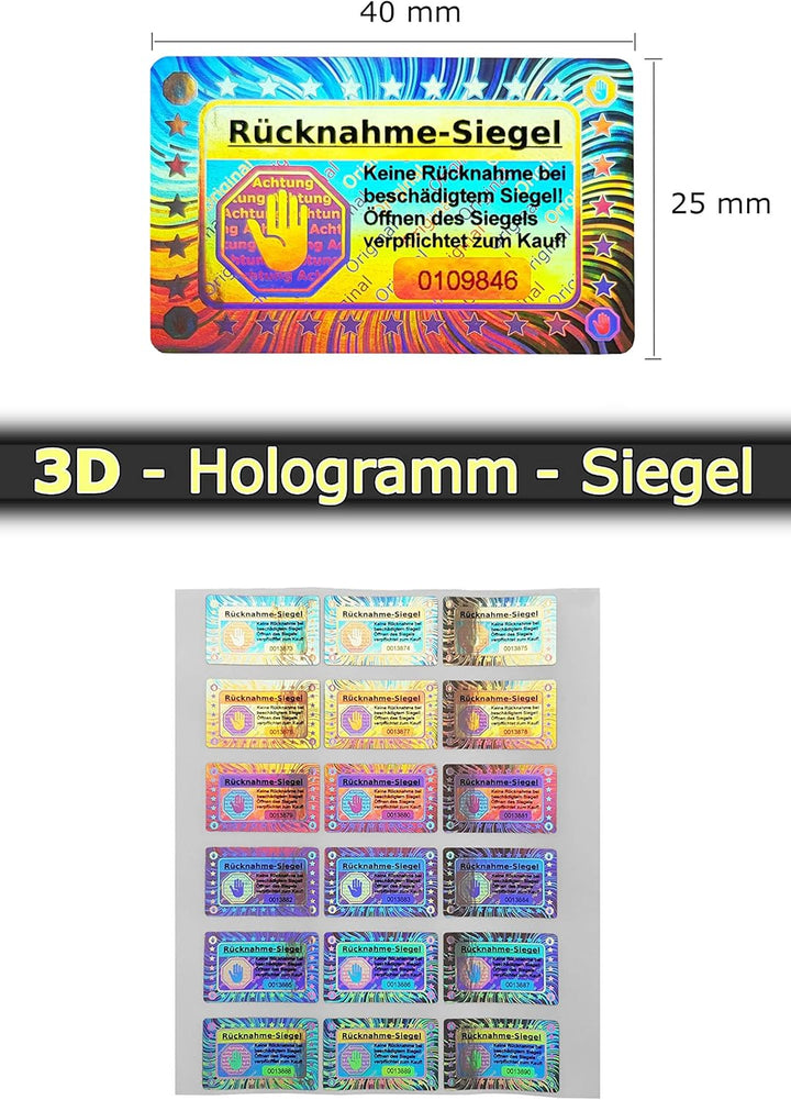 1000 Stk - 3D Hologramm-Siegel mit Seriennummer - 40 * 25mm silber glänzend - Rücknahmesiegel, Siche