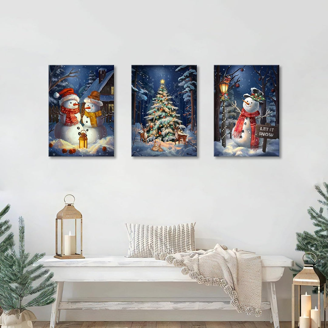 3Pcs Leinwandbilder Bilder mit Rahmen Blau Weihnachten Schnee Schauplatz bild auf leinwand Schneeman