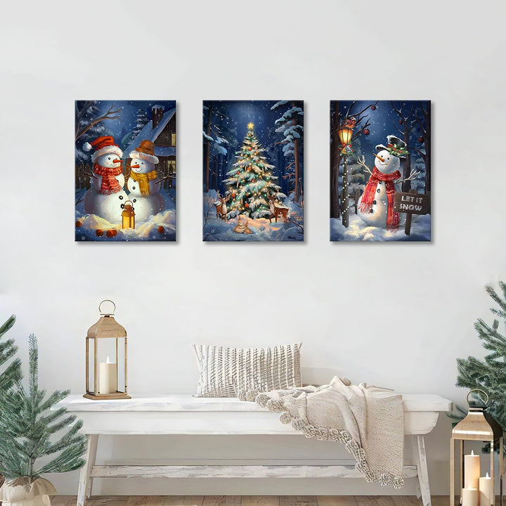 3Pcs Leinwandbilder Bilder mit Rahmen Blau Weihnachten Schnee Schauplatz bild auf leinwand Schneeman