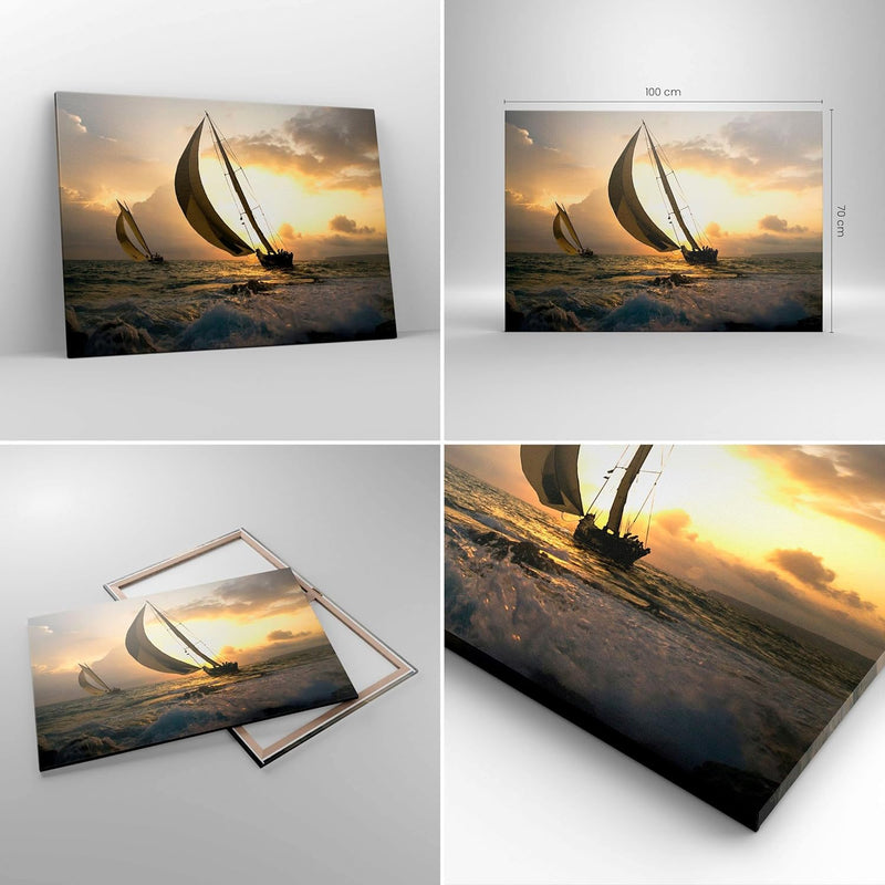 Bilder auf Leinwand 100x70cm Leinwandbild Schiff Sonnenuntergang Sonne Landschaft Gross Wanddeko Bil