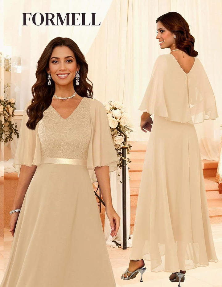 DRESSTELLS Festliche Abendkleider Damen Hochzeit Ballkleid Elegant Lang Brautkleid Standesamt Chiffo
