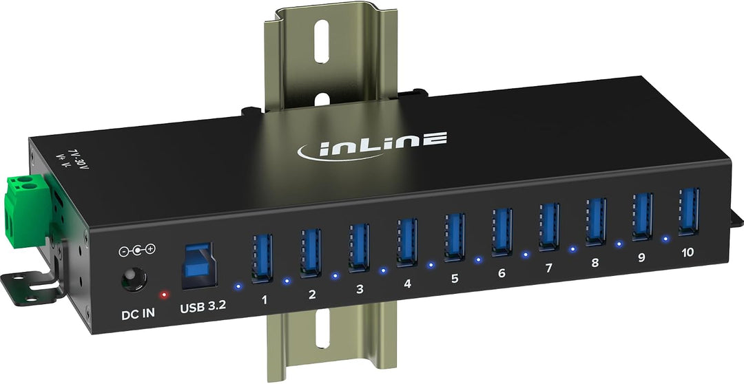 Inline USB 3.2 Gen.1 Industrie-Hub mit 10 Ports, Aluminiumgehäuse, DIN-Schienen-Montage, aktiver USB